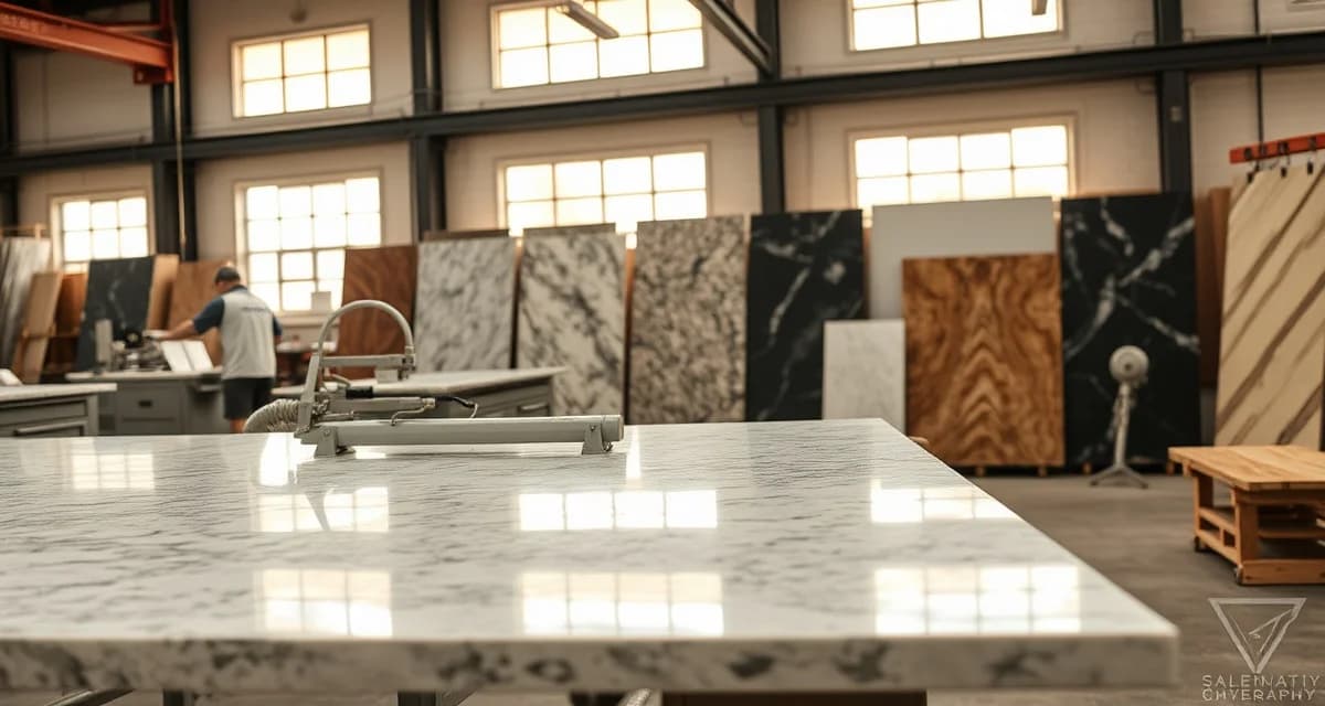 Delaware countertop fabrication workshop operations Professional countertop fabrication shop in Delaware with workers processing granite and quartz slabs using modern equipment and precision tools.