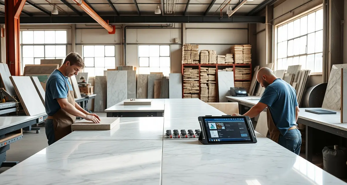 SlabWise countertop software for Denver fabrication shops Modern countertop fabrication shop in Denver featuring stone slab processing equipment and professional management software integration for quoting and scheduling