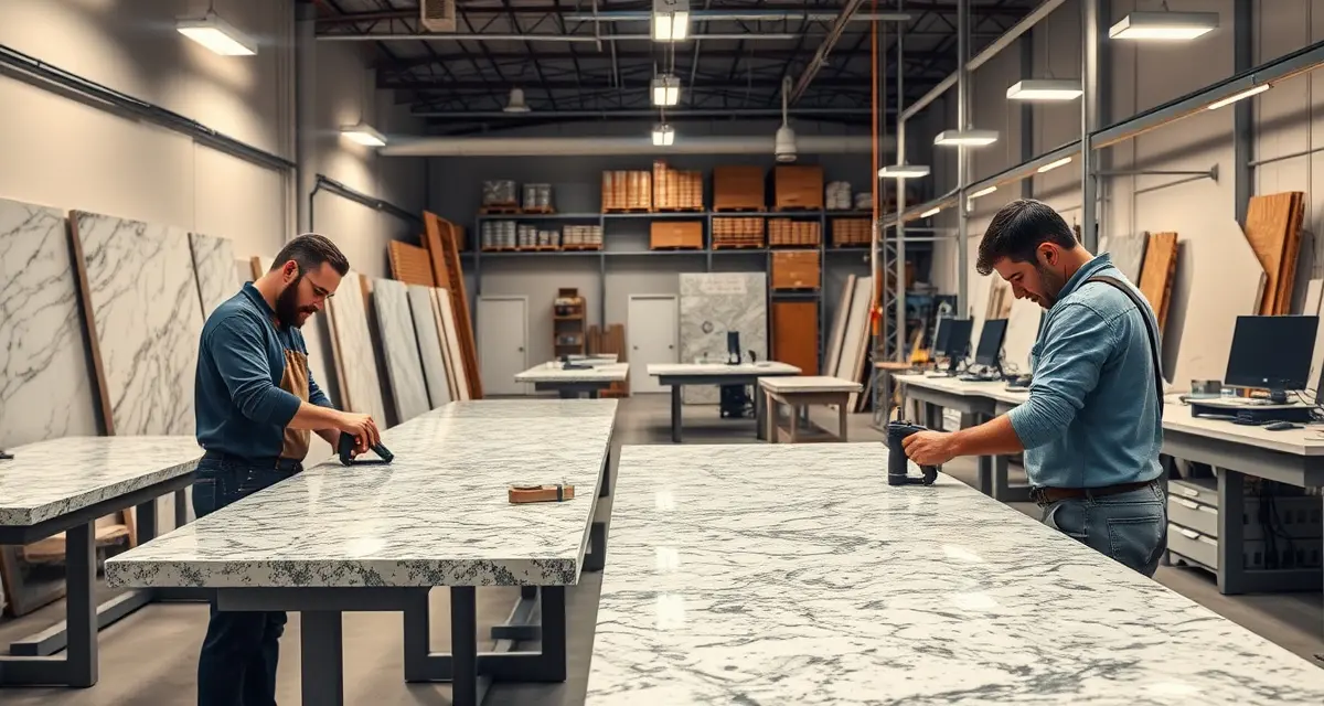 SlabWise countertop software streamlines Detroit fabrication operations Modern countertop fabrication shop in Detroit with workers managing stone slabs and using management software systems
