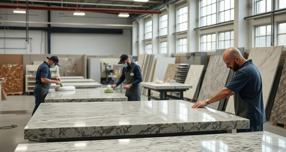 Detroit countertop fabrication shop overview Expert countertop fabricators in Detroit, MI workshop demonstrating professional stone fabrication techniques for granite and quartz installation.