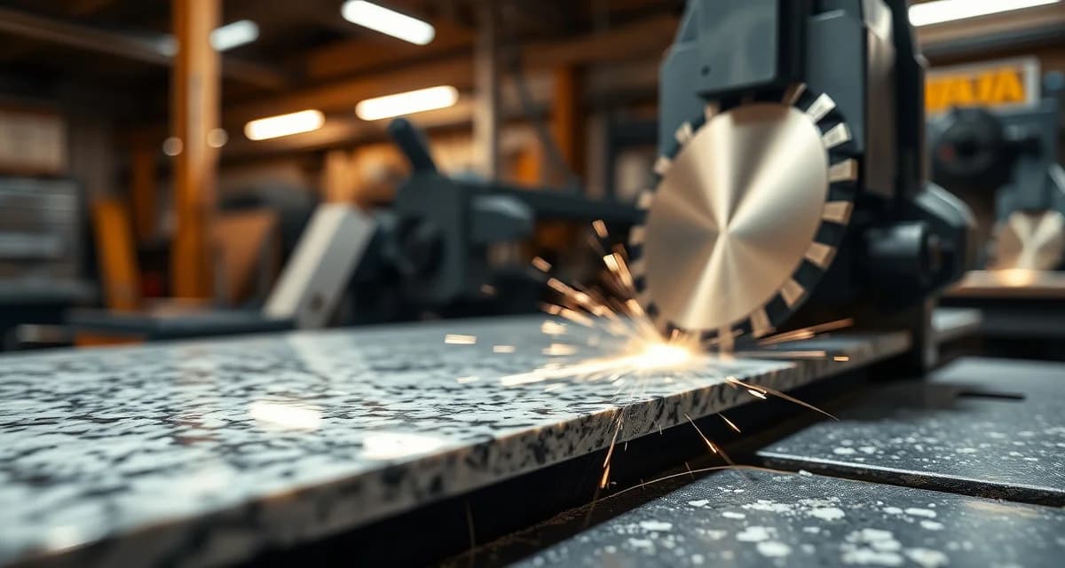 Diamond blade in action on stone countertop Diamond blade cutting through granite countertop slab with precision on professional fabrication equipment
