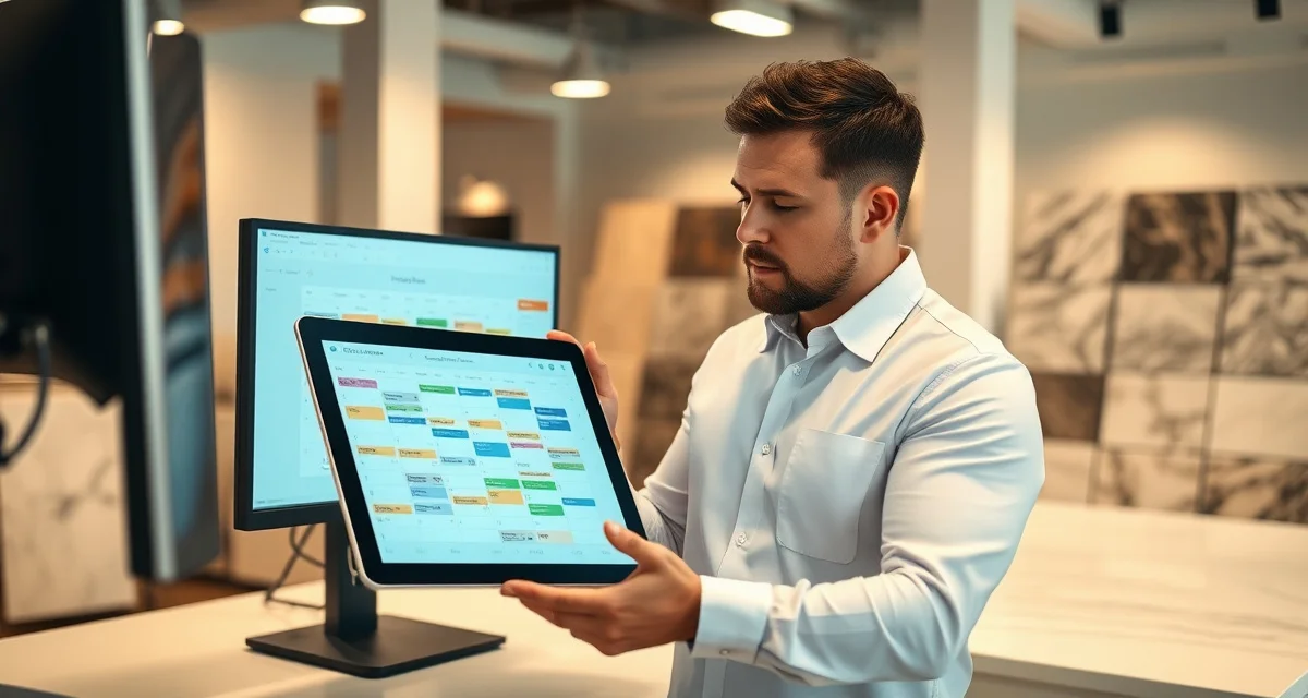 Modern scheduling solution for stone countertop fabrication Digital scheduling software interface for countertop shops replacing manual calendar systems with automated crew assignments