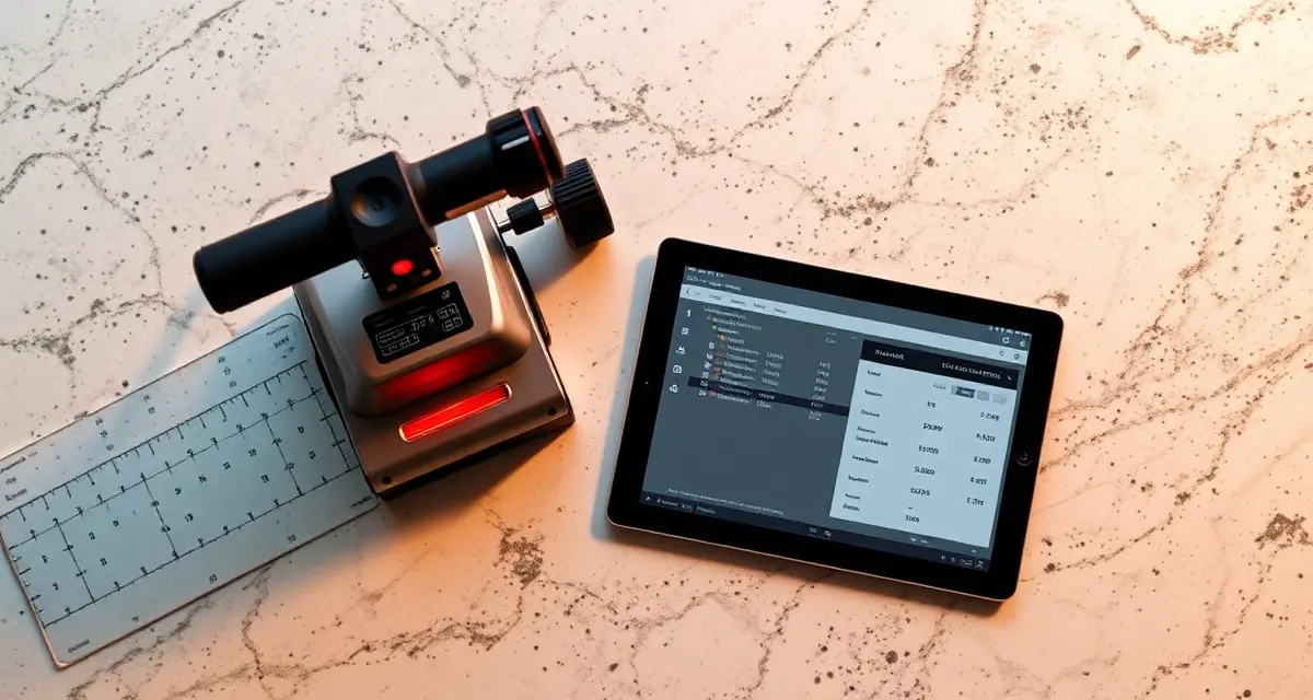 Templating adoption technology in countertop fabrication Digital laser templating device and software interface compared to traditional physical template on granite countertop surface