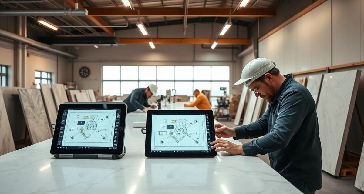Modern digital templating technology for stone countertops Digital templating system replacing paper templates in countertop fabrication shop with laser measuring devices and software interface