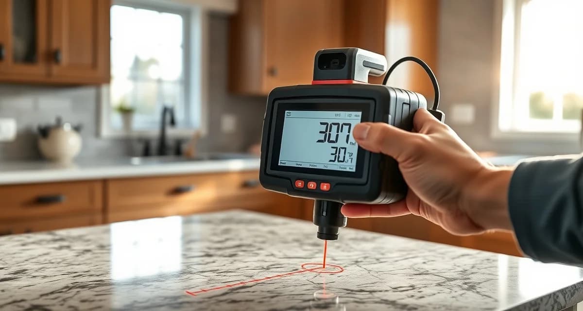 Digital templating technology for accurate stone countertop measurement Technician using a laser templating device to capture precise digital measurements of a granite countertop during job site templating process.
