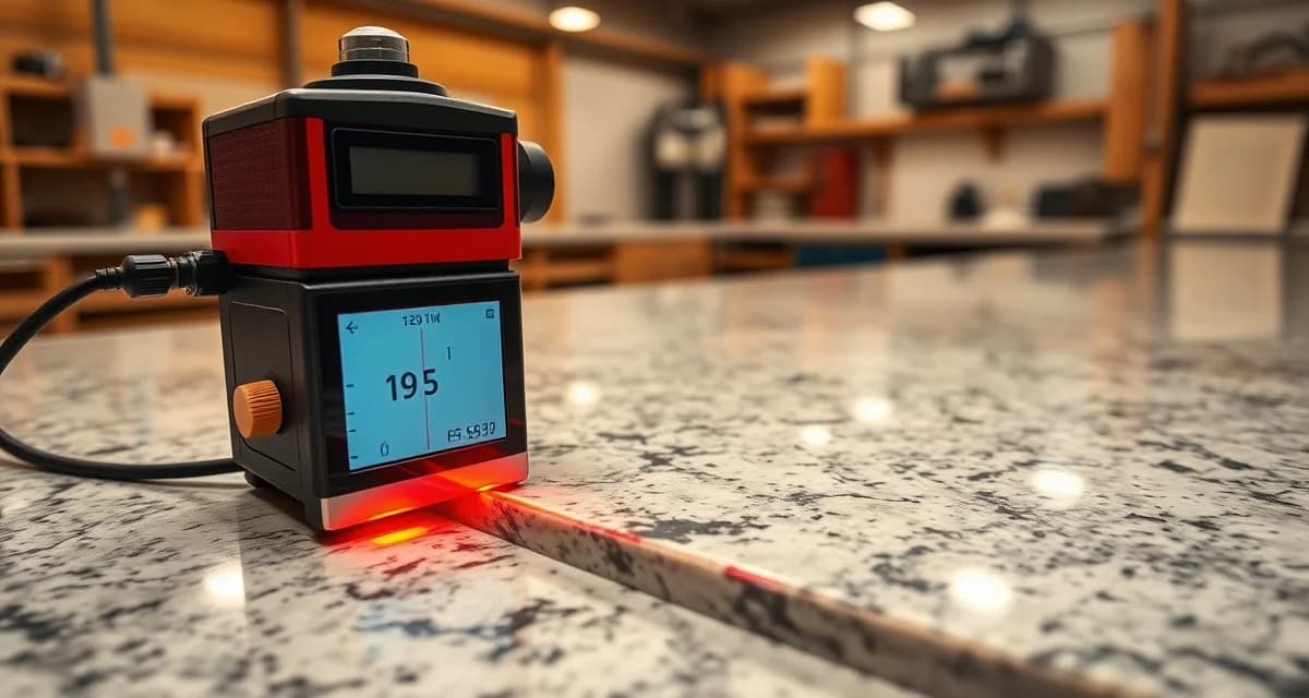 Digital templating measurement accuracy Laser templating device measuring countertop dimensions with precision digital display in stone fabrication shop