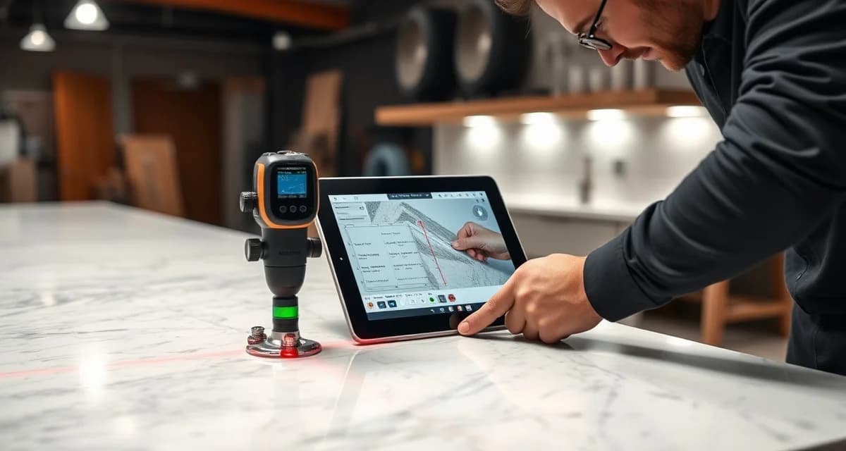 Advanced digital templating measurement system for countertop fabrication Digital templating technology capturing precise countertop measurements using laser and infrared sensors for stone fabrication