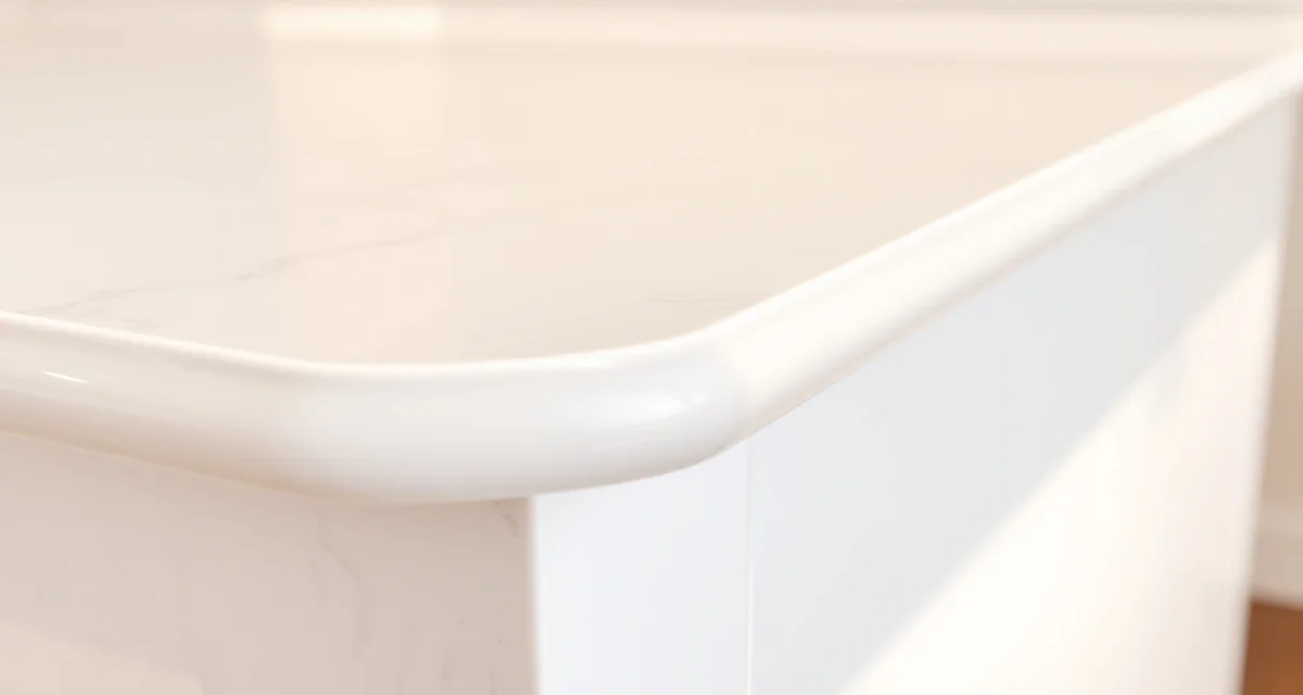 Professional DuPont edge detail on premium countertop DuPont edge countertop profile showing curved top with squared-off bottom step on polished stone surface