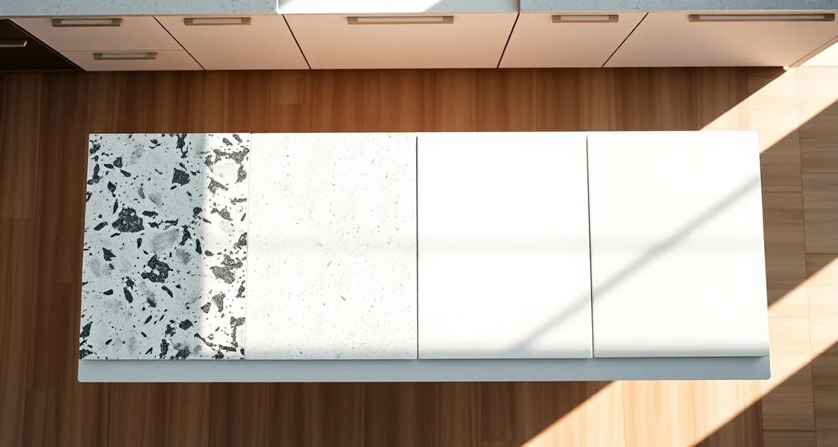 Countertop durability materials side-by-side Comparison of durable countertop materials including granite, quartzite, quartz, and porcelain samples showing texture and finish quality.