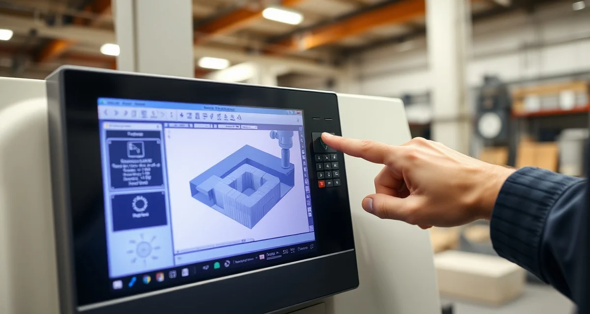 DXF quality control inspection on CNC machinery CNC machine operator reviewing DXF file on control panel screen to catch design errors before production on stone countertops