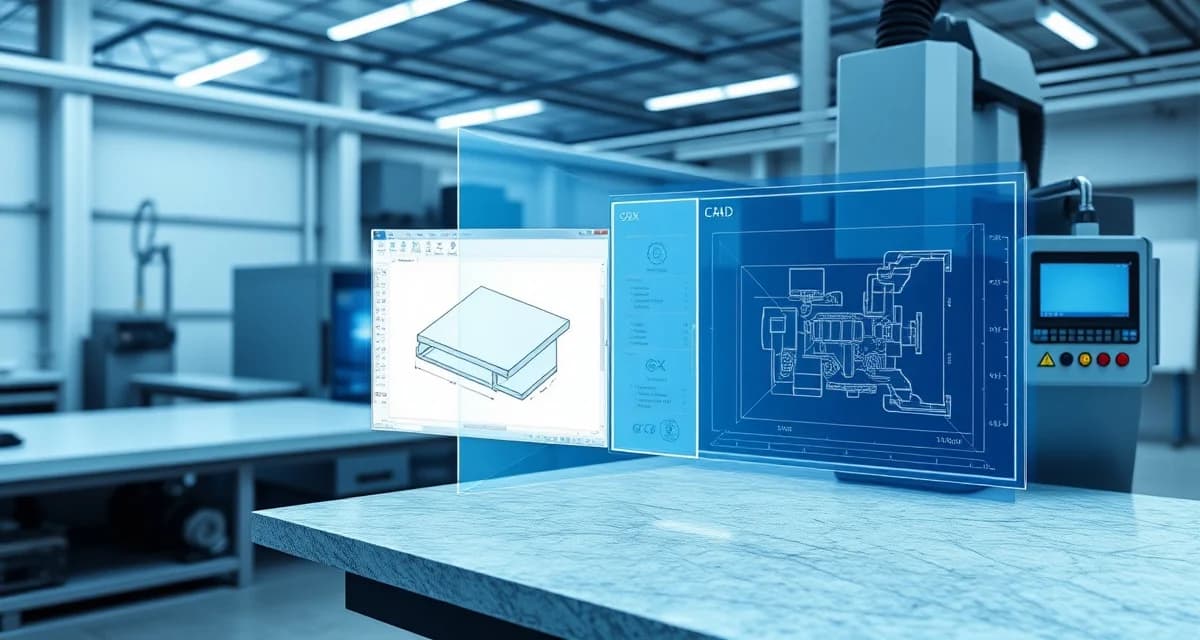 Countertop DXF file digital workflow visualization DXF file workflow diagram showing countertop template measurements converting from laser measuring device through CAD software to CNC fabrication machine