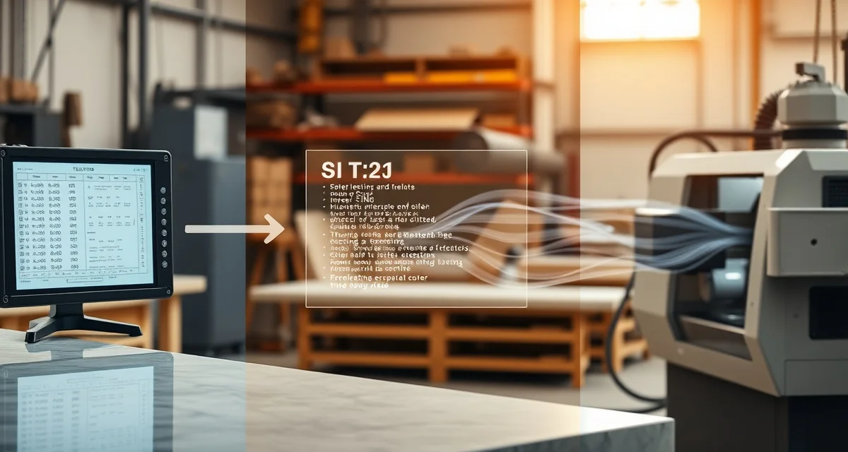 Digital workflow translation between templating and CNC machining DXF middleware software bridging templating device and CNC machine in stone countertop fabrication workflow with digital translation interface