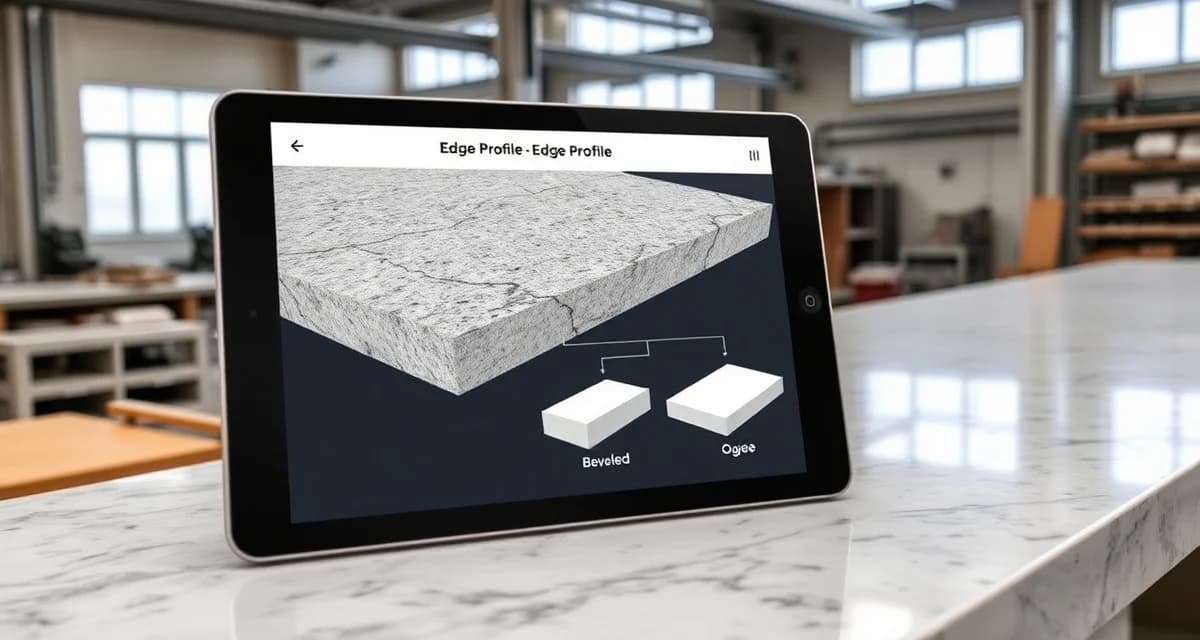 Stone fabrication edge design tool interface Easededge countertop edge profiling software displaying 3D edge profile options and design visualization for stone fabrication shops