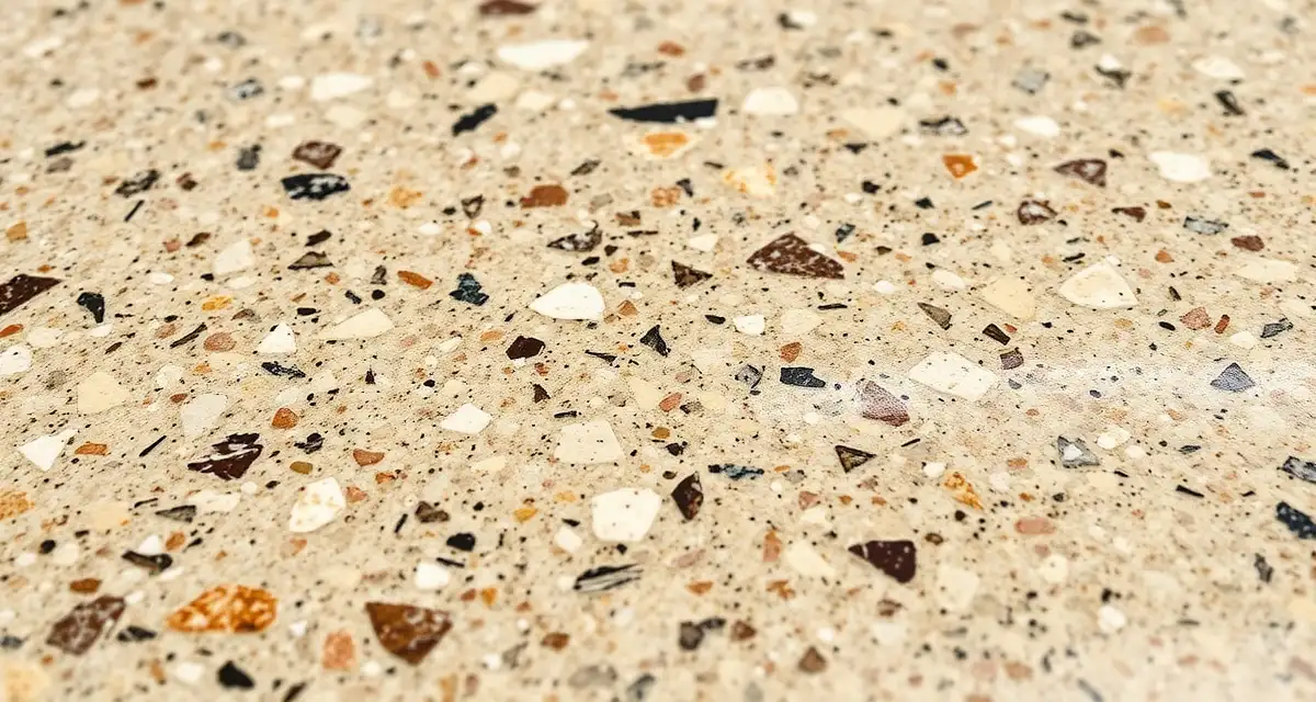 Engineered quartz stone material closeup Engineered stone countertop slab displaying crushed quartz minerals and resin composition with polished surface finish