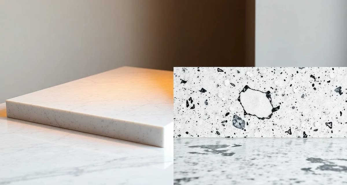 Stone countertop comparison guide Engineered quartz countertop sample beside natural granite stone slab showing texture and color differences comparison