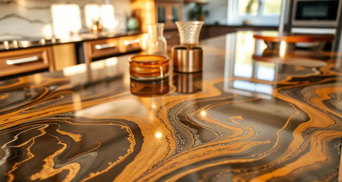 Premium epoxy countertop with metallic effects Glossy epoxy countertop with metallic swirl effects demonstrating the professional finish and durability of modern epoxy countertop surfaces
