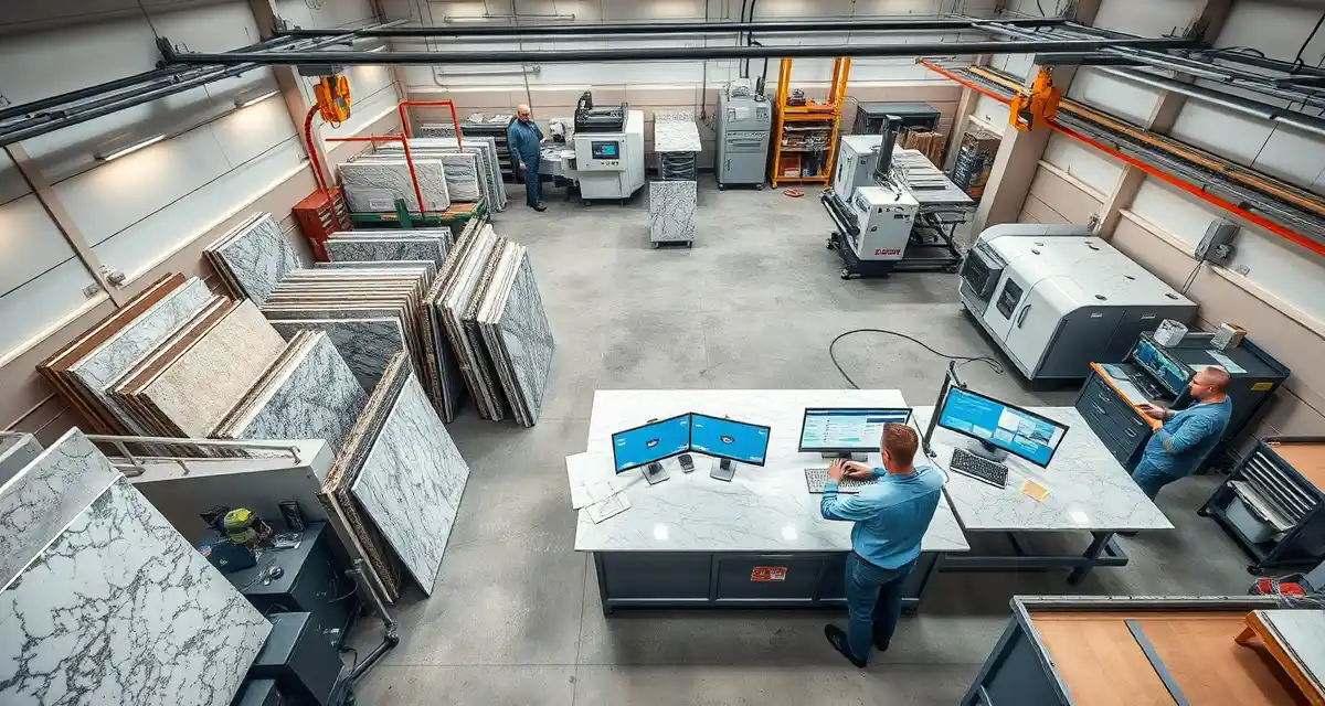 Fab-Pak fabrication software in stone shop production environment Fab-Pak countertop fabrication software interface displayed on monitors in a modern stone shop with CNC machinery and organized granite slabs.