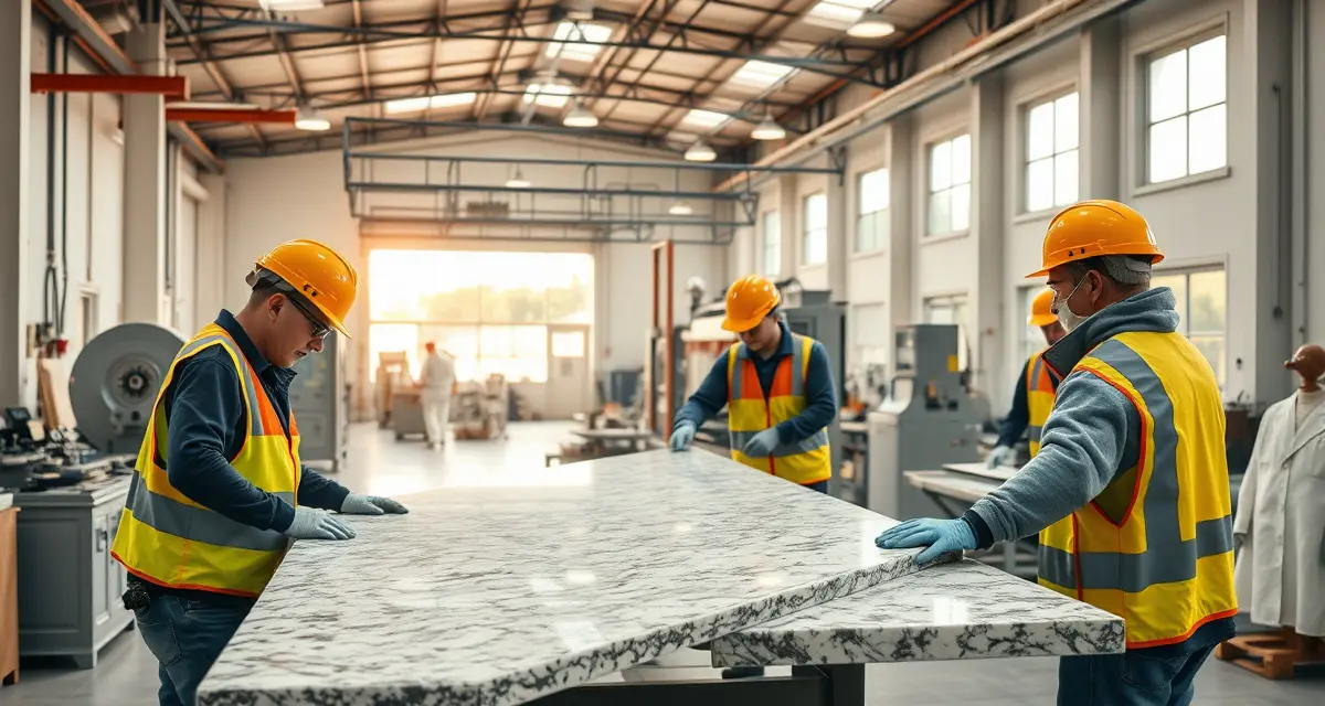 Countertop fabrication workshop safety and insurance protection Stone countertop fabrication shop with workers handling slabs, demonstrating insurance coverage needs for the industry