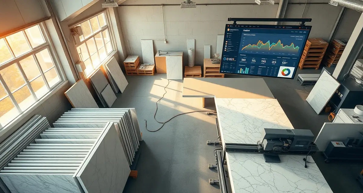 First-year fabrication startup achieving profitability Modern countertop fabrication shop workspace with organized stone slabs and digital management dashboard showing profitability metrics