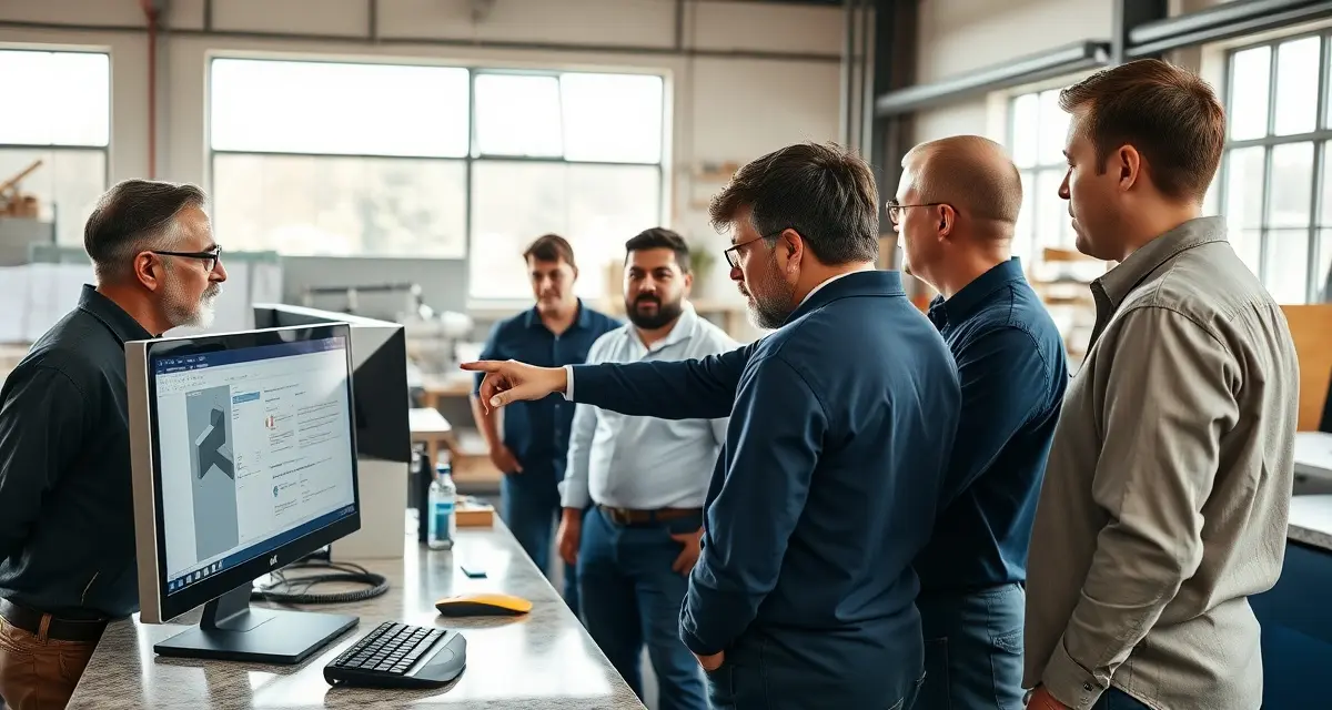 Role-based software training for stone fabrication teams Stone fabrication shop team receiving hands-on software training at workstation with instructor demonstrating new countertop management system.