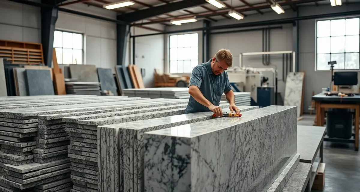 Countertop fabrication yield measurement in stone shop Stone fabrication shop showing organized slab inventory and precision cutting process for measuring fabrication yield and material efficiency