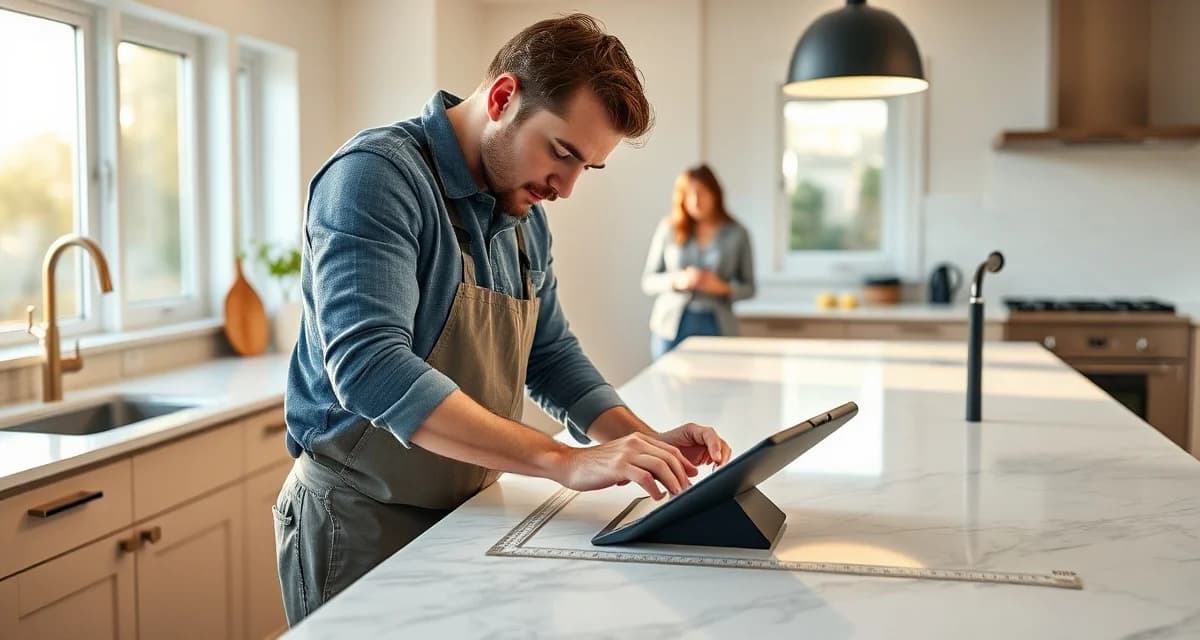 Professional template measurement visit for countertop installation Countertop fabricator measuring kitchen countertop layout during home visit for templating before installation