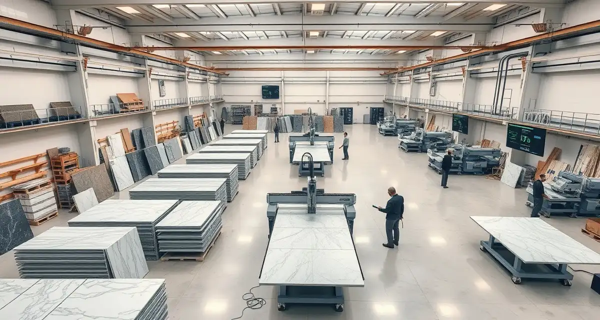 Enterprise fabrication shop optimizing slab processing Large-scale stone countertop fabrication shop floor showing organized slab inventory and CNC machinery optimizing production efficiency.