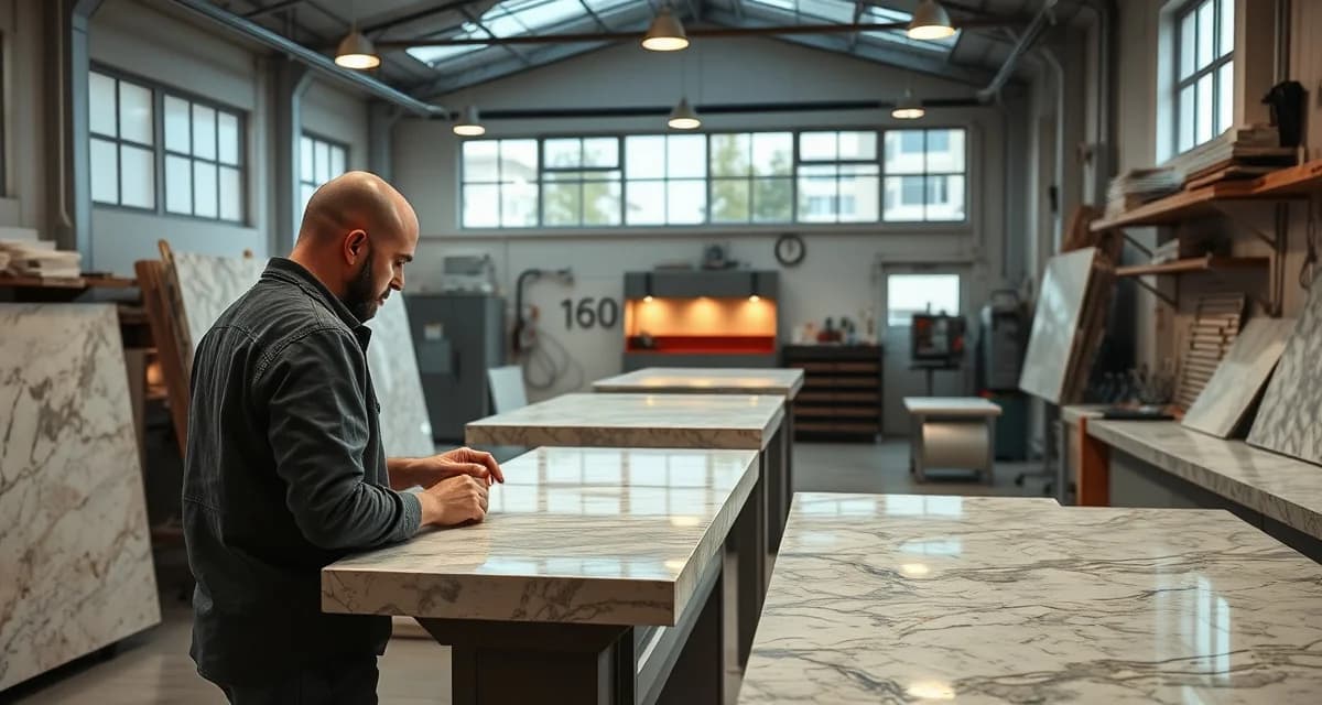 Modern countertop fabrication workshop environment Professional stone countertop fabrication shop with polished granite and marble slabs displayed for fabricator website design