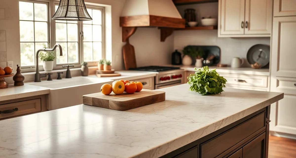 Stone countertop material showcase for farmhouse kitchen design Farmhouse kitchen countertop in natural stone with rustic charm, warm lighting, and classic farmhouse decor elements visible on surface.