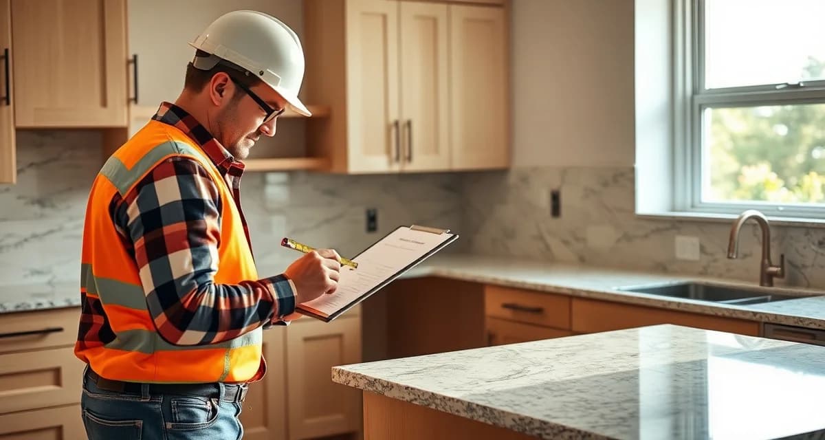 On-site field verification process for countertop installation Contractor performing field verification measurements on kitchen cabinets before stone countertop fabrication and installation