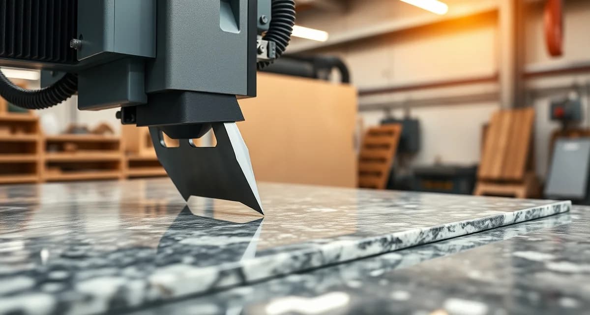 Advanced five axis saw technology for stone fabrication Five axis CNC bridge saw cutting angled profile in granite countertop slab with precision blade positioning