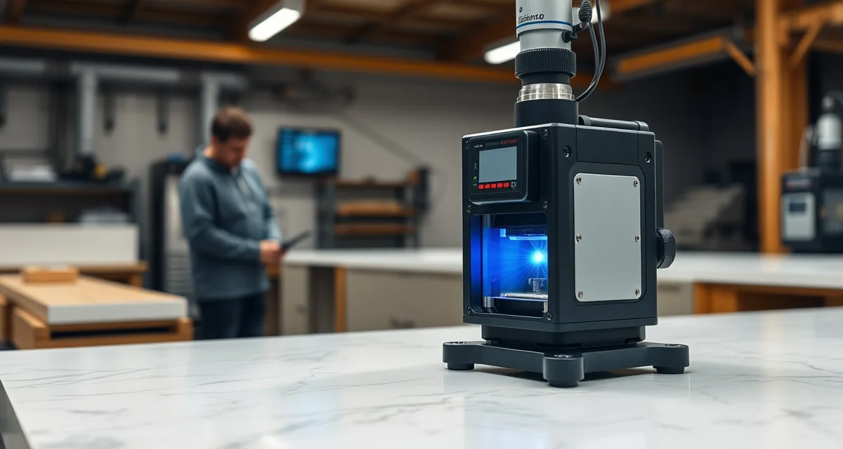 Premium digital templating equipment for stone fabrication Flexijet 3D laser measurement system being used for stone countertop digital templating in fabrication shop