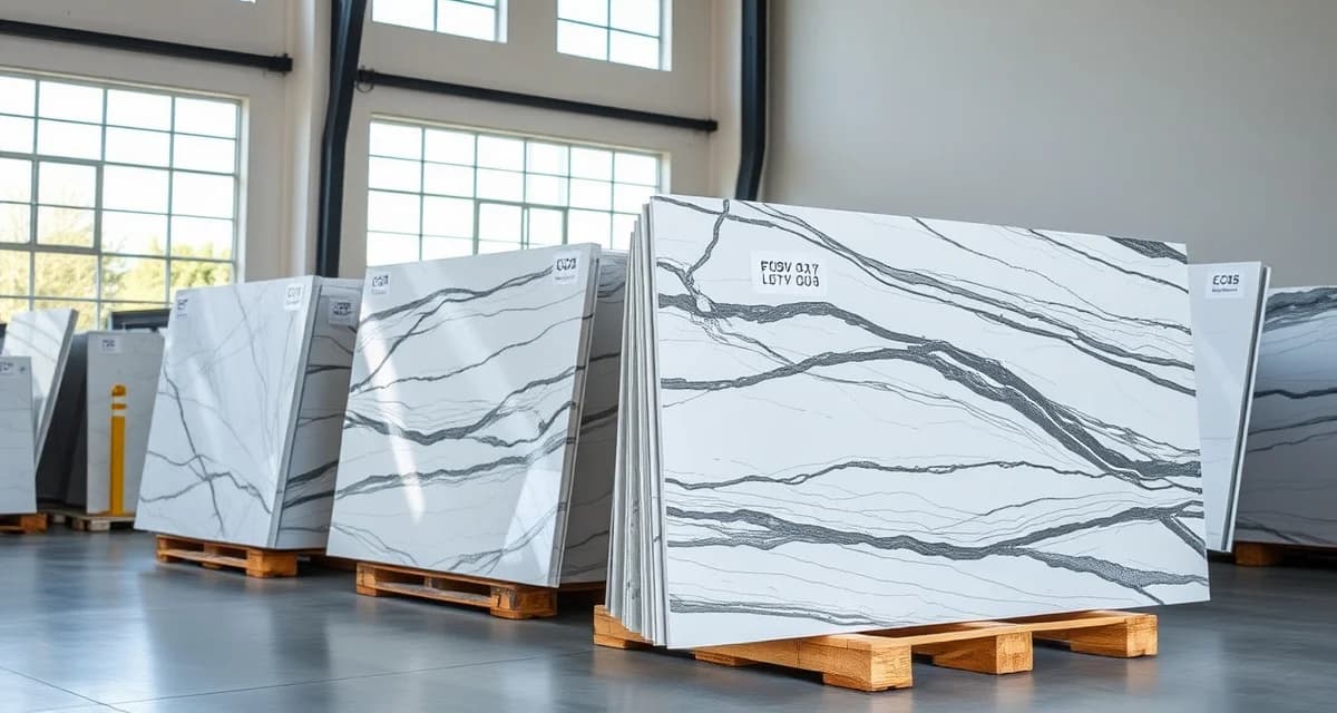 Free On Board shipping logistics for countertop materials Stone slabs on shipping pallet demonstrating FOB pricing and freight responsibility transfer in countertop fabrication