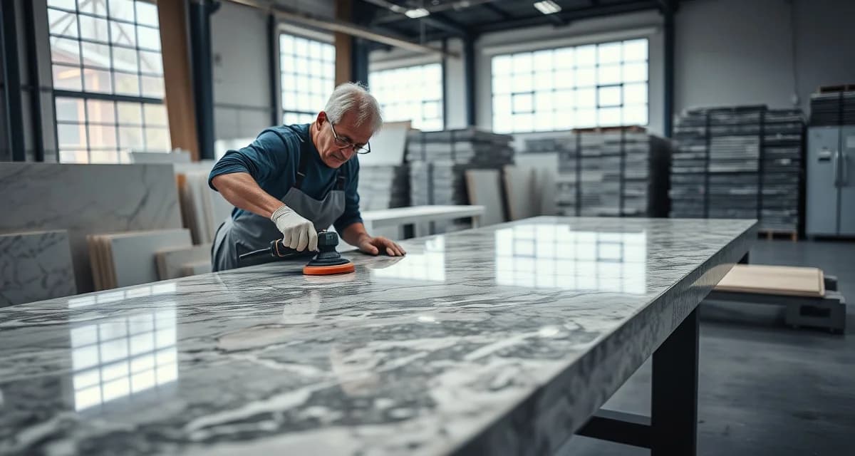 Stone countertop fabrication process in Fort Worth Professional countertop fabricator polishing a stone slab in a Fort Worth fabrication shop with modern equipment and organized workspace.