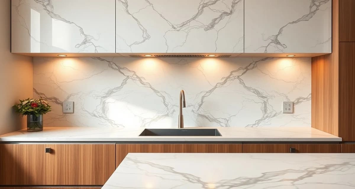 Continuous stone backsplash design Full slab backsplash made of marble running seamlessly from countertop to ceiling without grout lines in modern kitchen