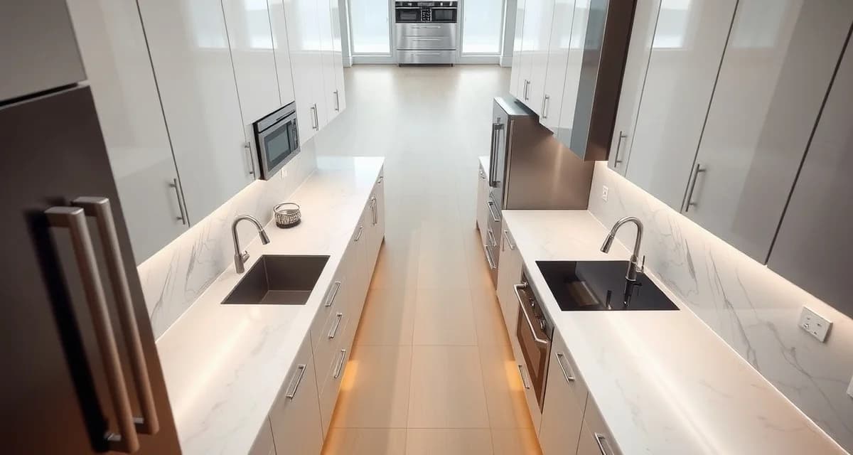 Galley kitchen layout with fabricated countertops Modern galley kitchen showing parallel countertops facing each other with central walkway, ideal for countertop fabrication projects