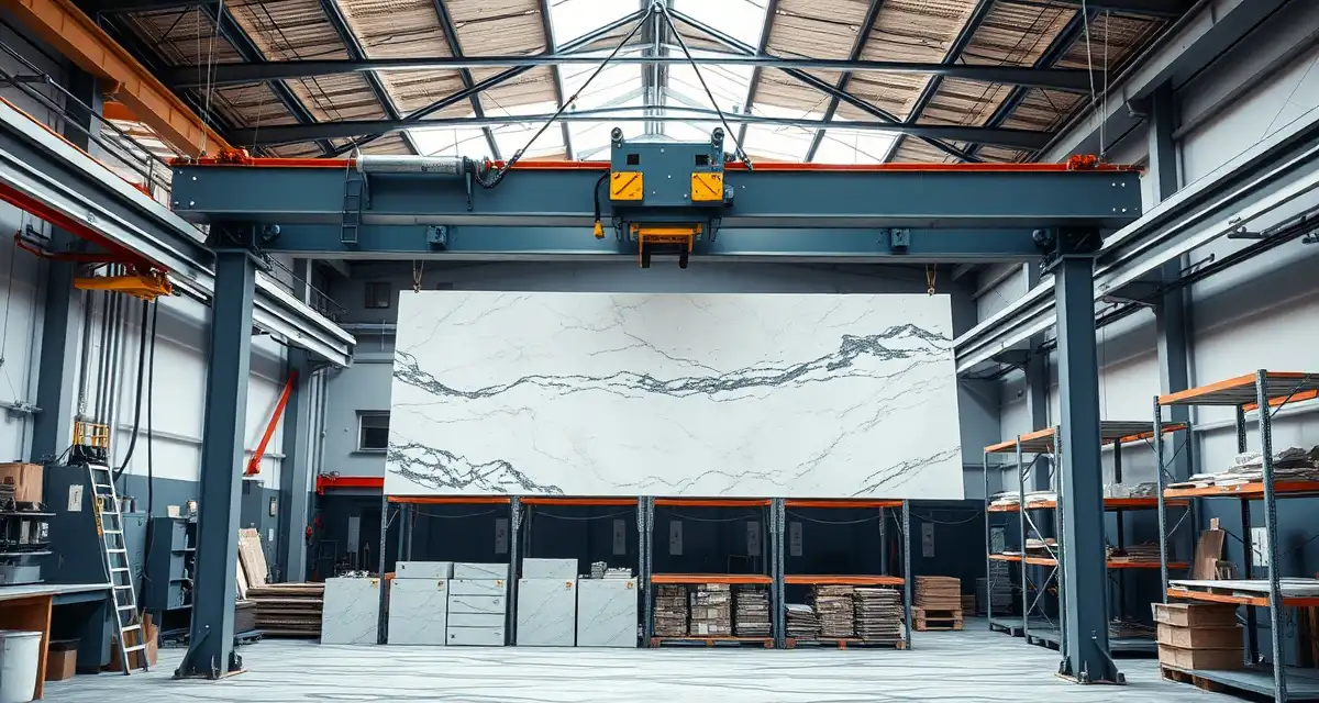 Overhead lifting equipment for stone countertop production Industrial gantry crane lifting heavy stone slab in countertop fabrication shop with storage racks visible