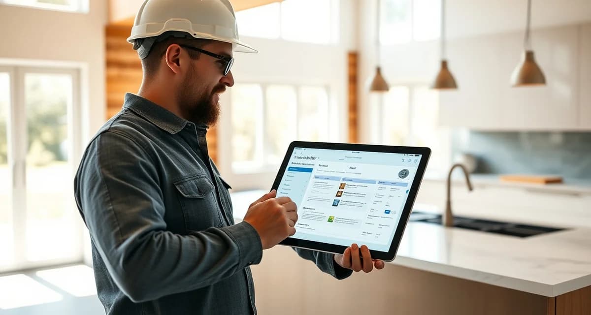 Real-time countertop project visibility for GCs General contractor managing countertop fabrication timeline using construction management software on tablet at job site
