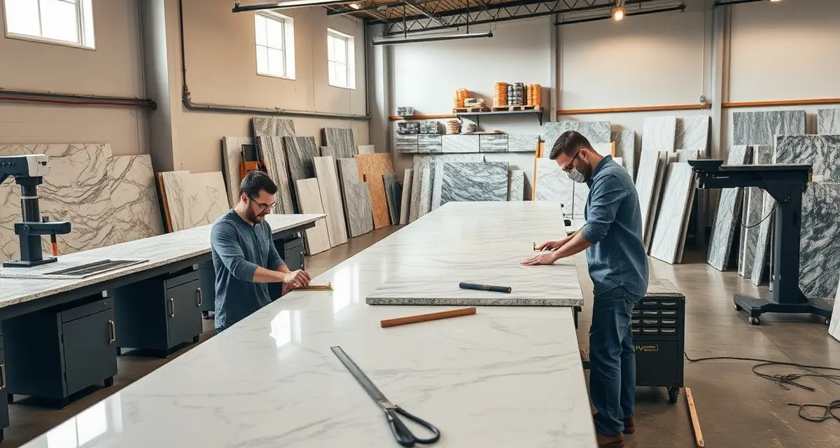 Countertop shop software streamlines Georgia fabrication operations Modern countertop fabrication shop in Georgia with workers cutting stone slabs using precision equipment and software management systems