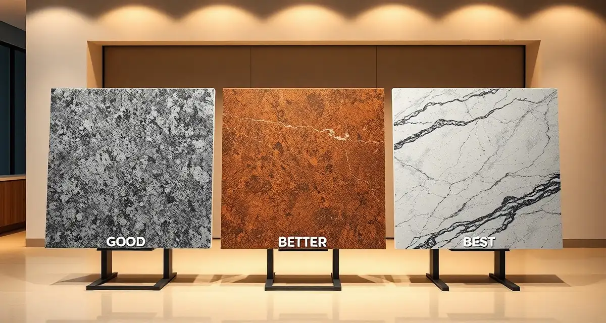 Tiered countertop pricing presentation samples Three tiered countertop material samples showcasing good, better, and best pricing options for stone fabrication quoting strategy.
