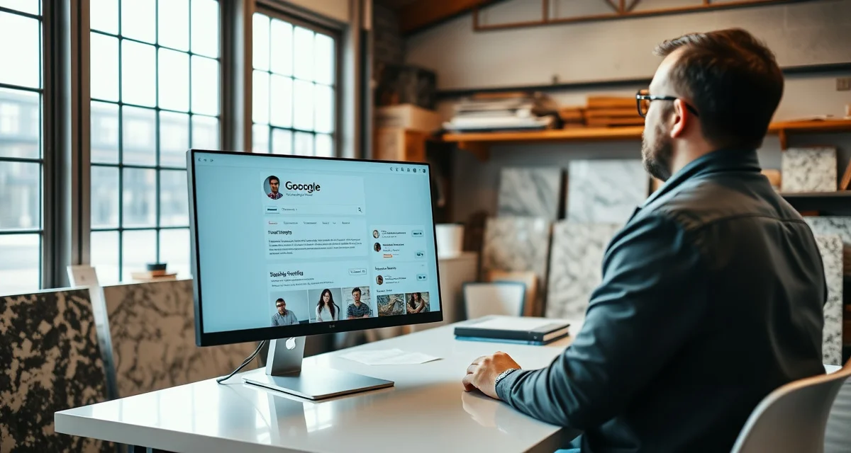 GBP setup for stone fabrication businesses Countertop fabricator setting up Google Business Profile listing on computer to improve local search visibility for fabrication shop