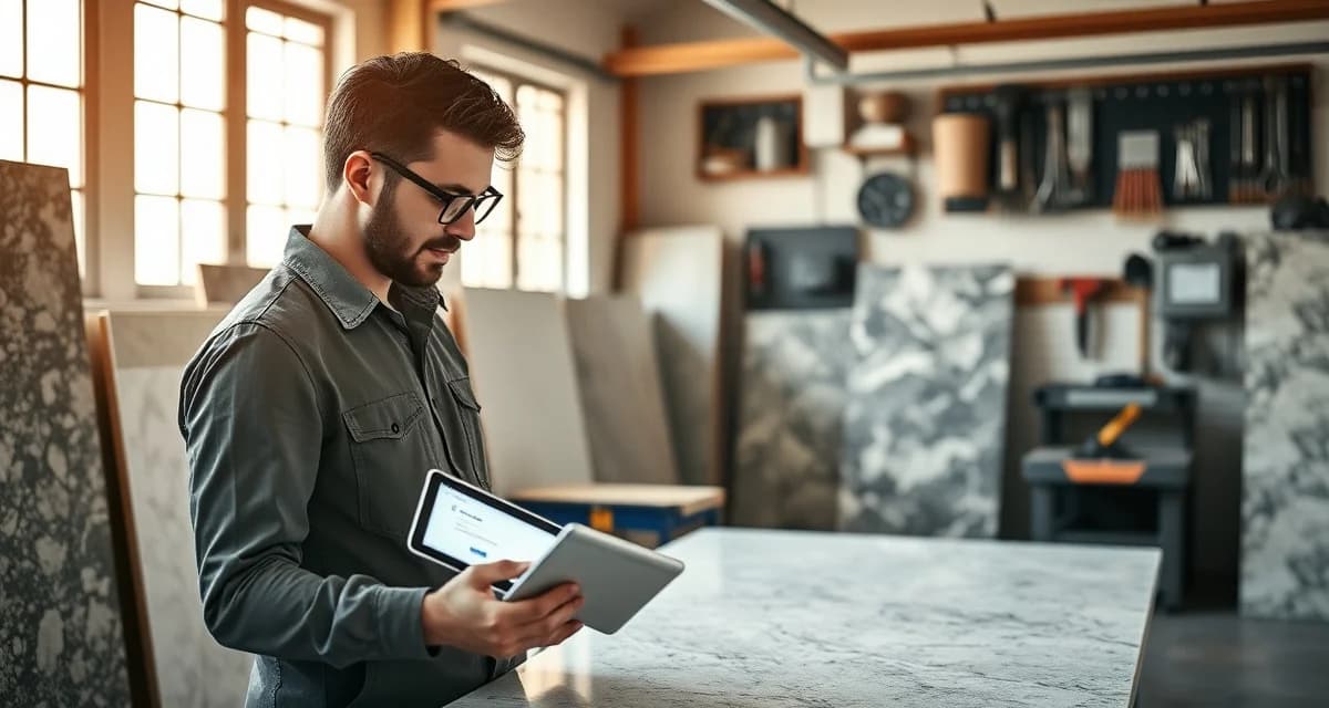 Google Business Profile optimization for fabrication shops Stone countertop shop owner optimizing Google Business Profile setup on tablet with granite samples visible