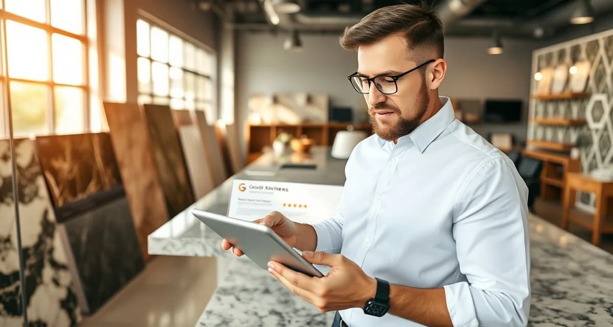 Managing customer reviews in stone fabrication business Countertop fabricator reviewing Google reviews on tablet with stone samples visible, representing review management for local businesses.