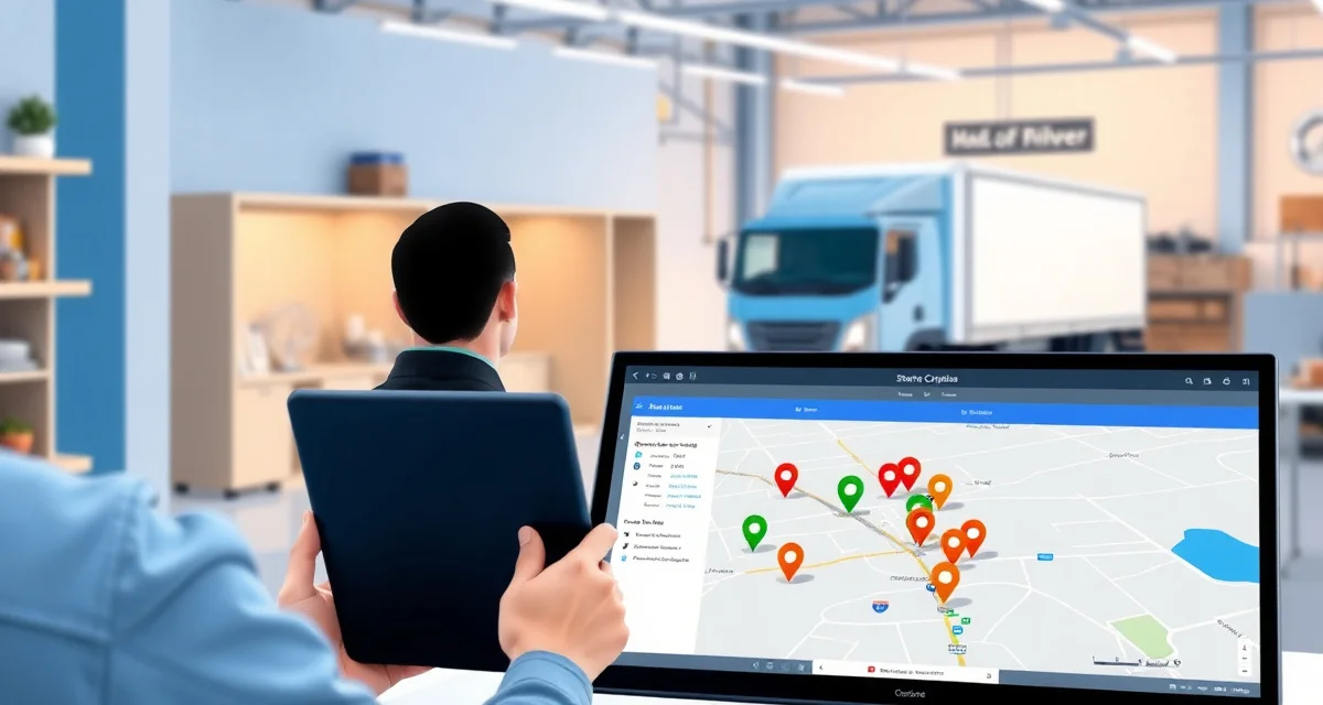 Fleet management GPS tracking interface Real-time GPS tracking dashboard for countertop fabrication shop management showing vehicle locations and crew routes