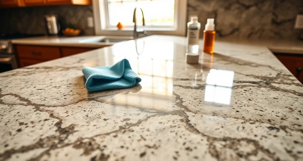 Proper granite countertop maintenance and sealing technique Professional countertop care cleaning demonstration on polished granite surface with sealer bottle and microfiber cloth