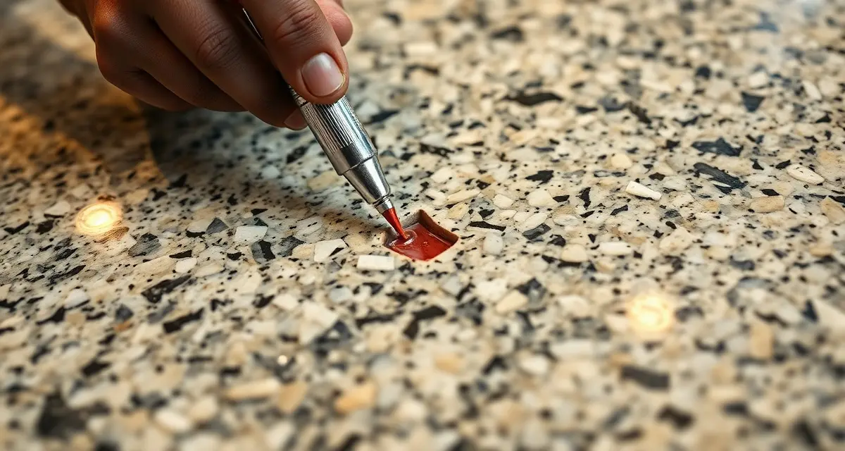 Expert granite repair technique demonstration Professional granite repair technician filling a chip in granite countertop with color-matched epoxy filler