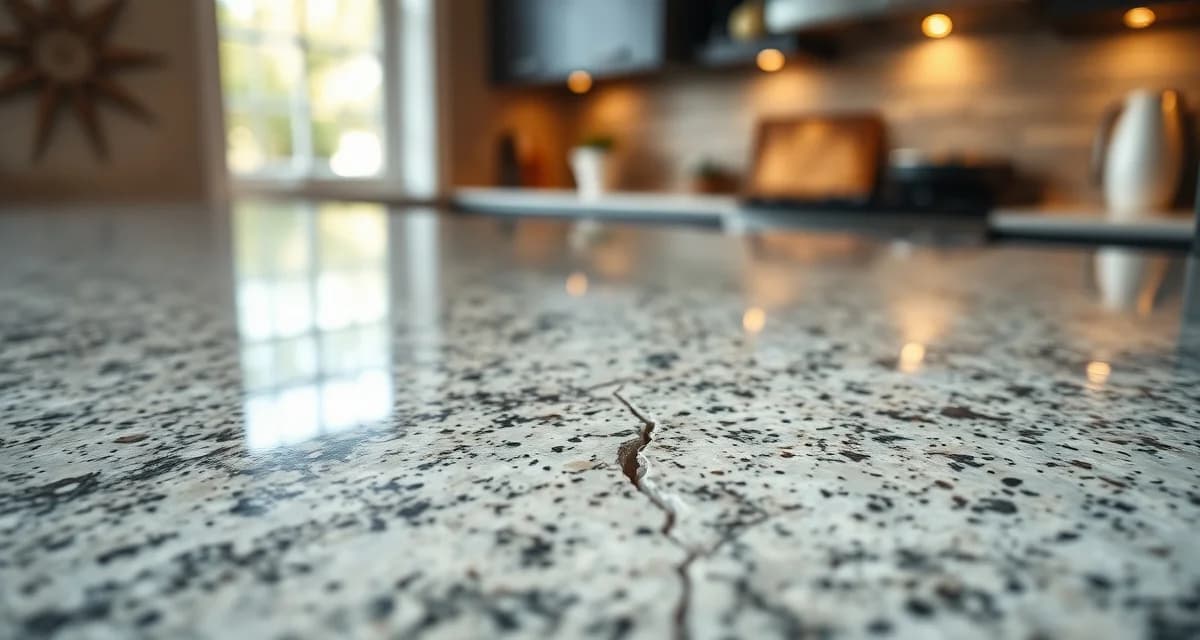 Granite crack damage requiring repair assessment Close-up of cracked granite countertop showing structural fracture in natural stone surface with visible damage.