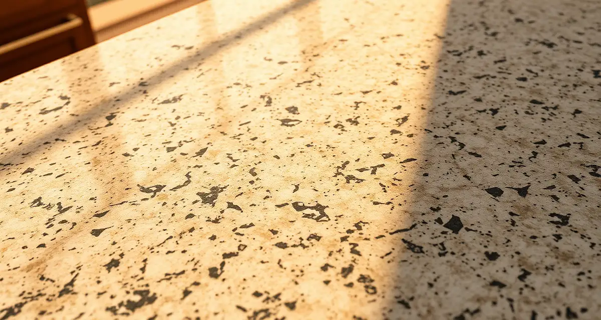 Premium granite countertop surface detail Polished granite countertop surface displaying natural mineral composition with visible quartz, feldspar and mica crystals in warm lighting.