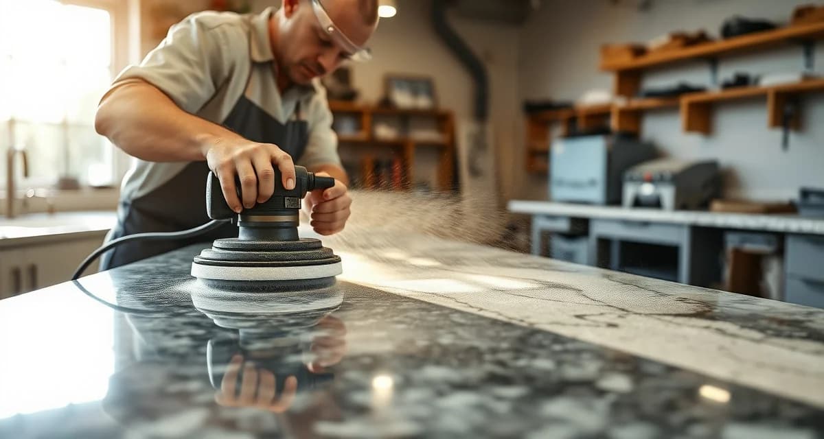Stone countertop refinishing and restoration service Professional technician polishing a granite countertop using specialized stone refinishing equipment in a fabrication shop setting.