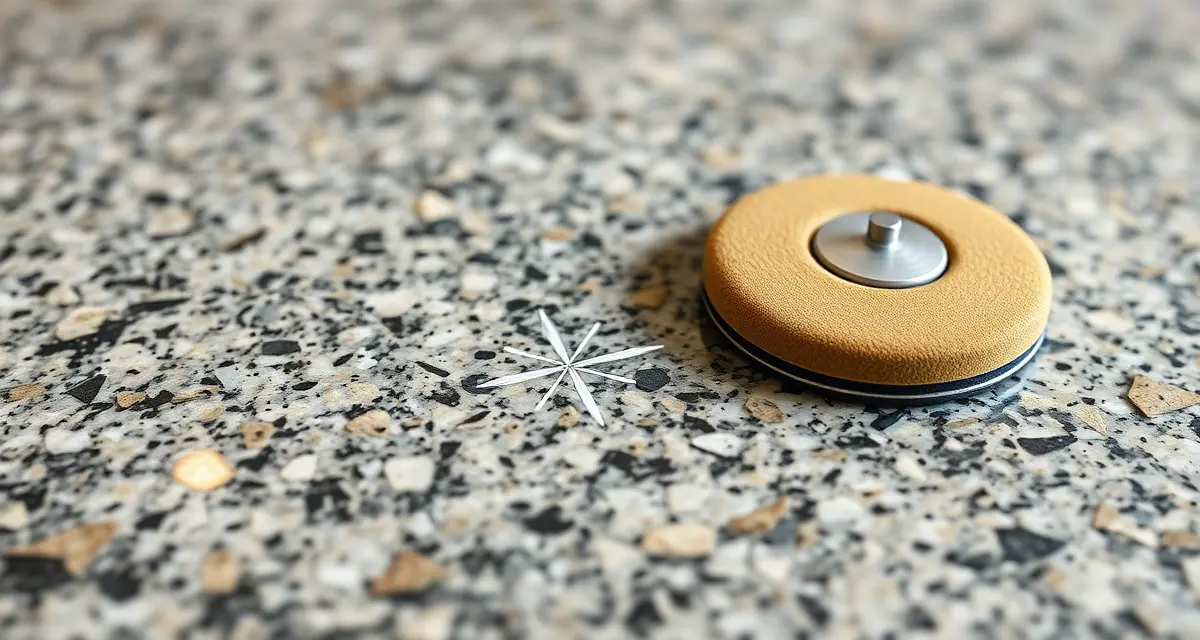 Granite scratch repair using diamond polishing technique Professional diamond polishing pad removing scratches from granite countertop surface during fabrication repair process